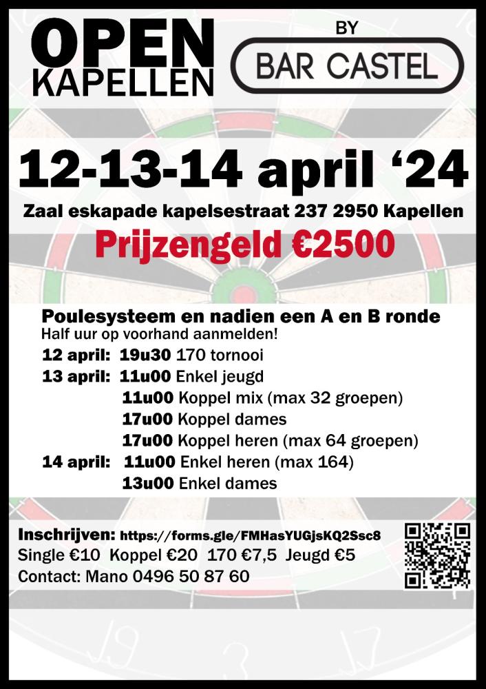 Open Kapellen 2500€ Prijzengeld Dartstornooien.be