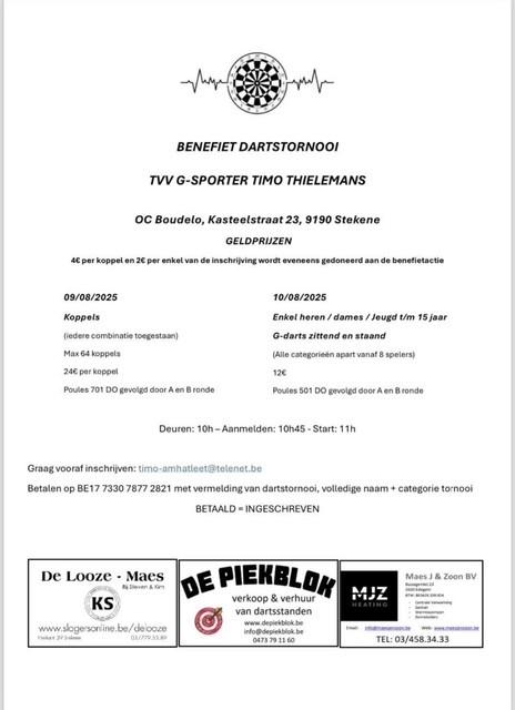 Benefiet Dartstornooi tvv G-atleet Timo Thielemans