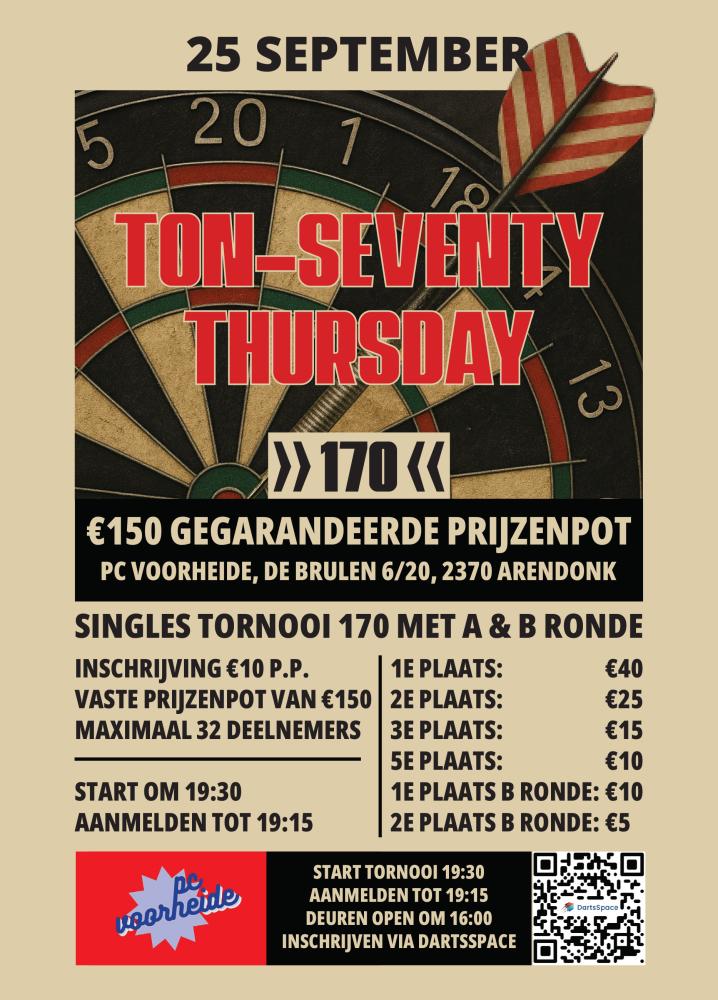 Ton-Seventy Thursday >>170<< €150 Gegarandeerde Prijzenpot
