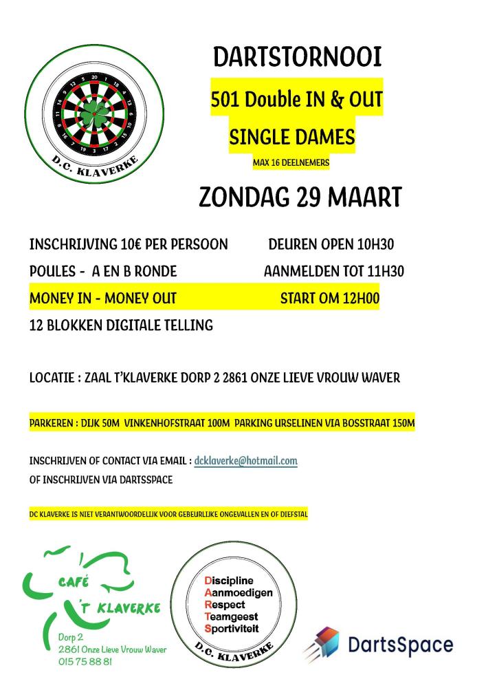 Single 501 Darts Tornooi DAMES !! double in double out !! Maart 2026
