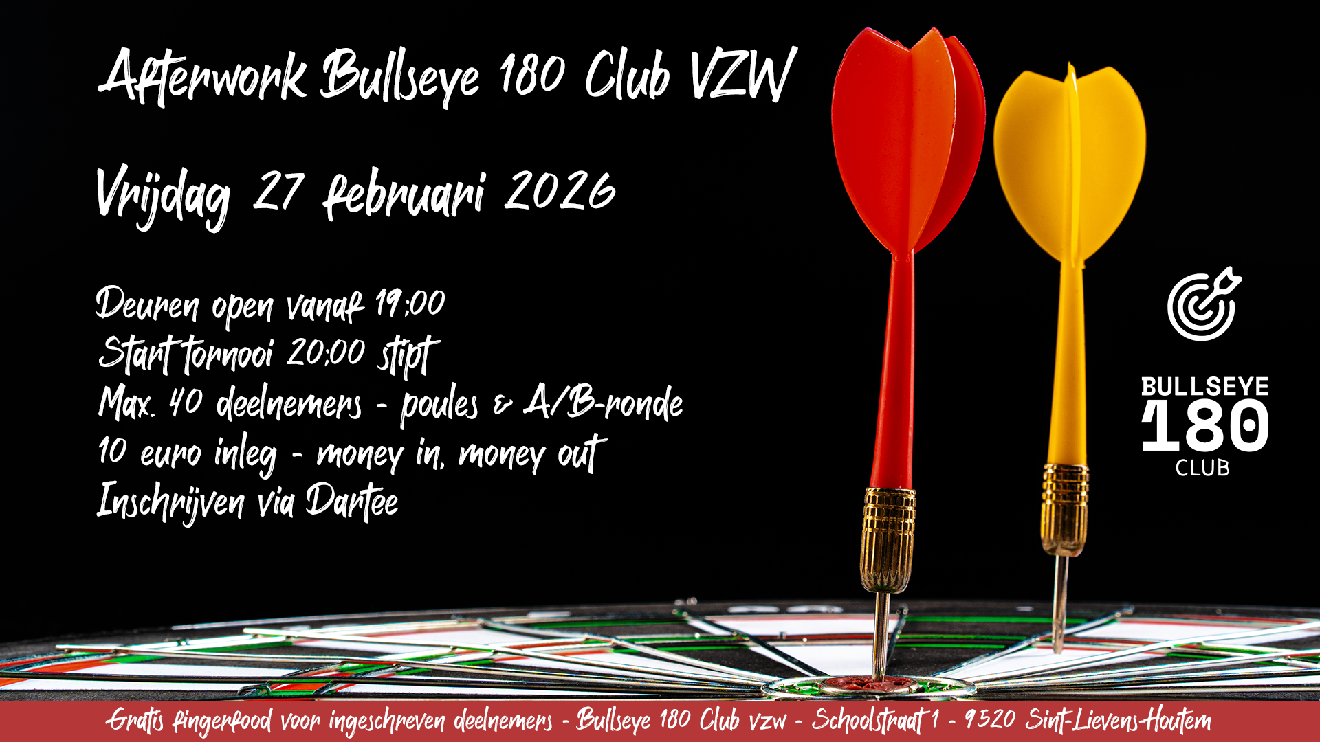 Afterwork dartstornooi - gratis frituurhapjes voor alle deelnemers - Bullseye 180 Club VZW