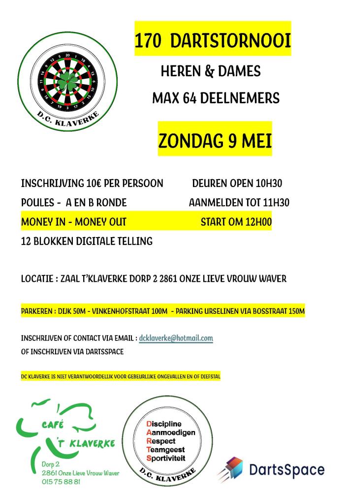 DC KLAVERKE Single 170 Darts Tornooi voor Heren en Dames