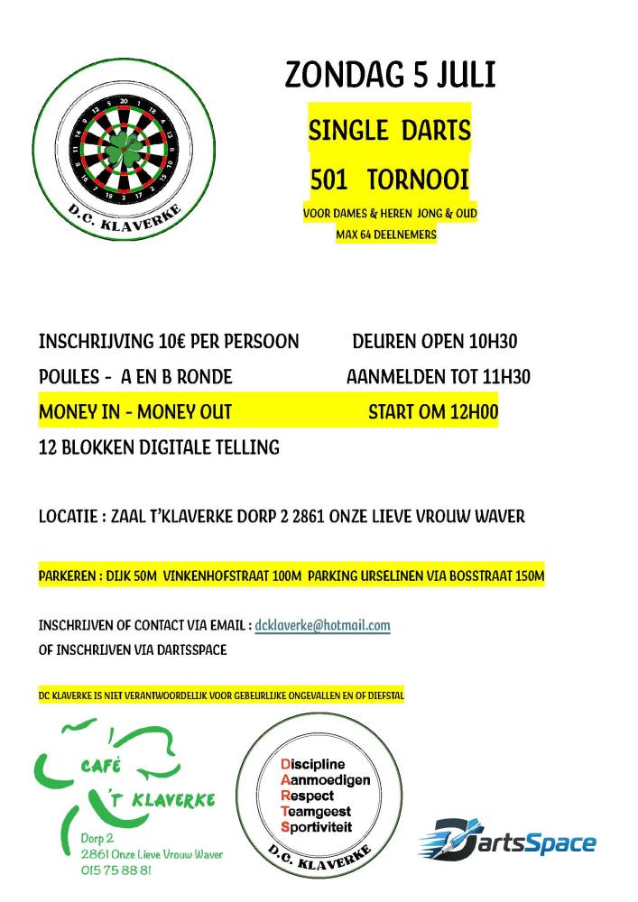 DC KLAVERKE Single 501 Darts Tornooi zondag 5 juli