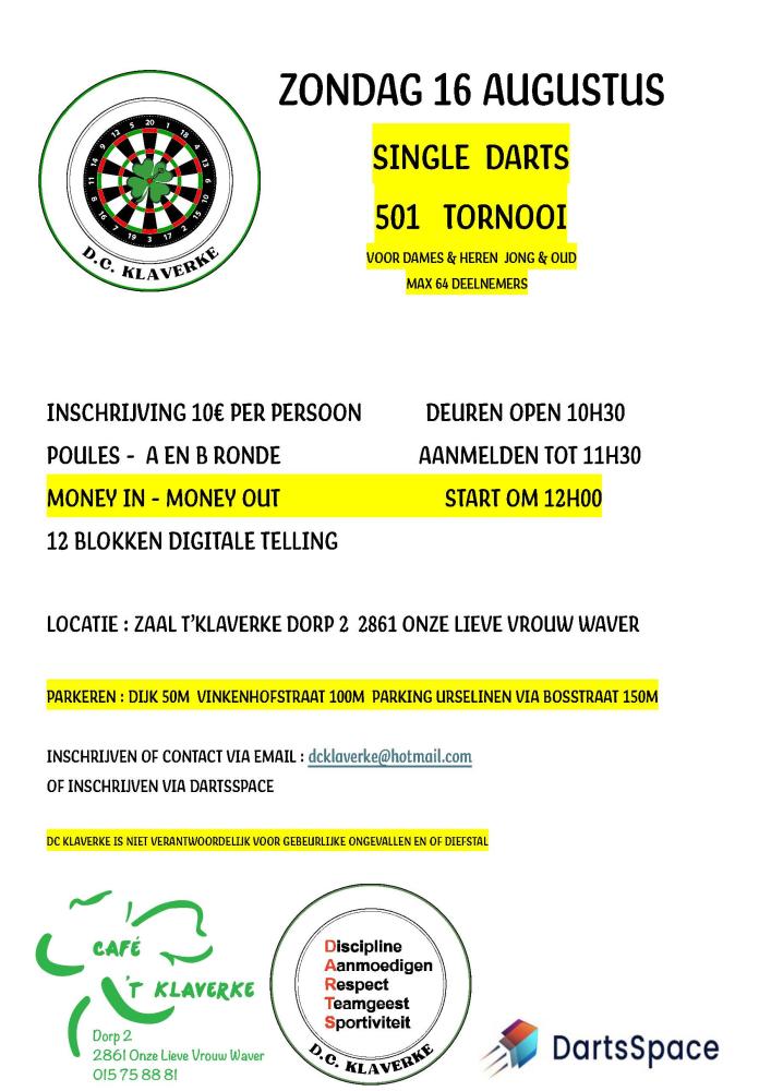 SINGLE DARTS 501 TORNOOI MIX DAMES EN HEREN 16 AUGUSTUS