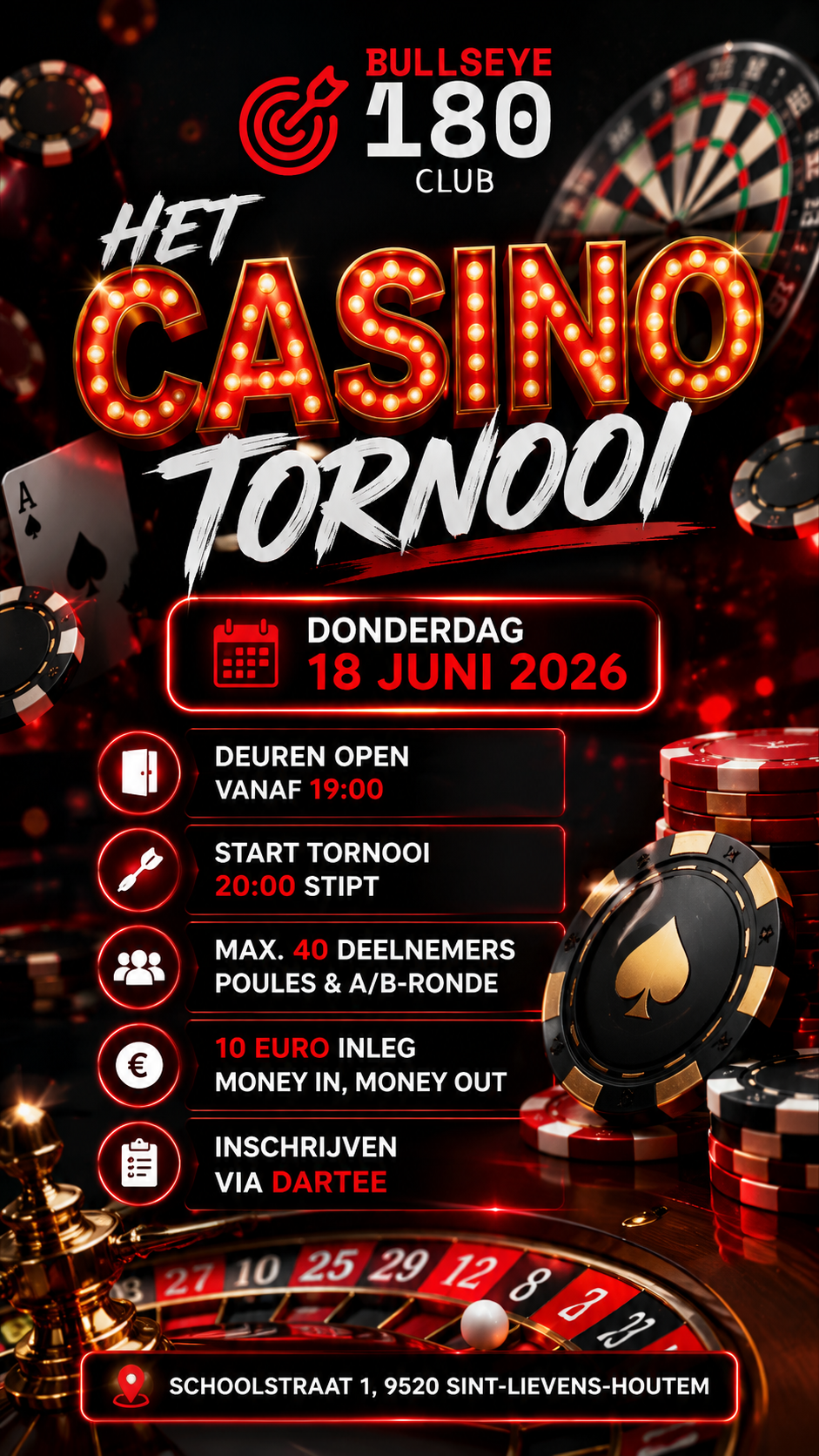 Casinotornooi 2026 - BULLSEYE 180 CLUB VZW