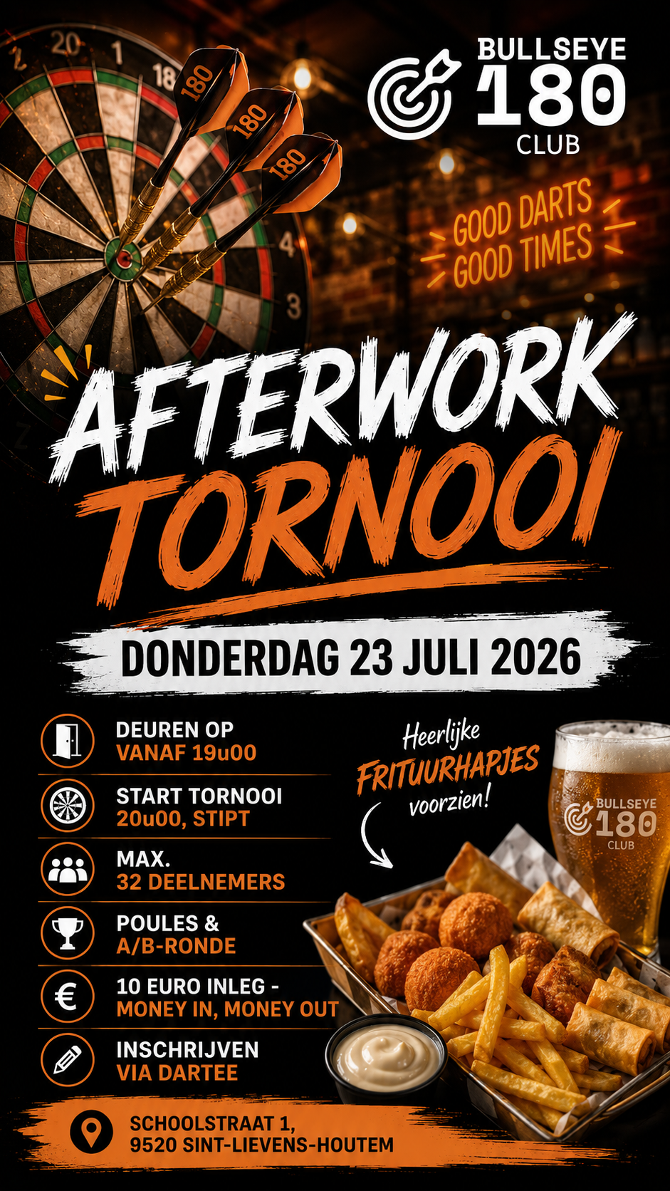 Afterwork dartstornooi - gratis frituurhapjes - BULLSEYE 180 CLUB VZW